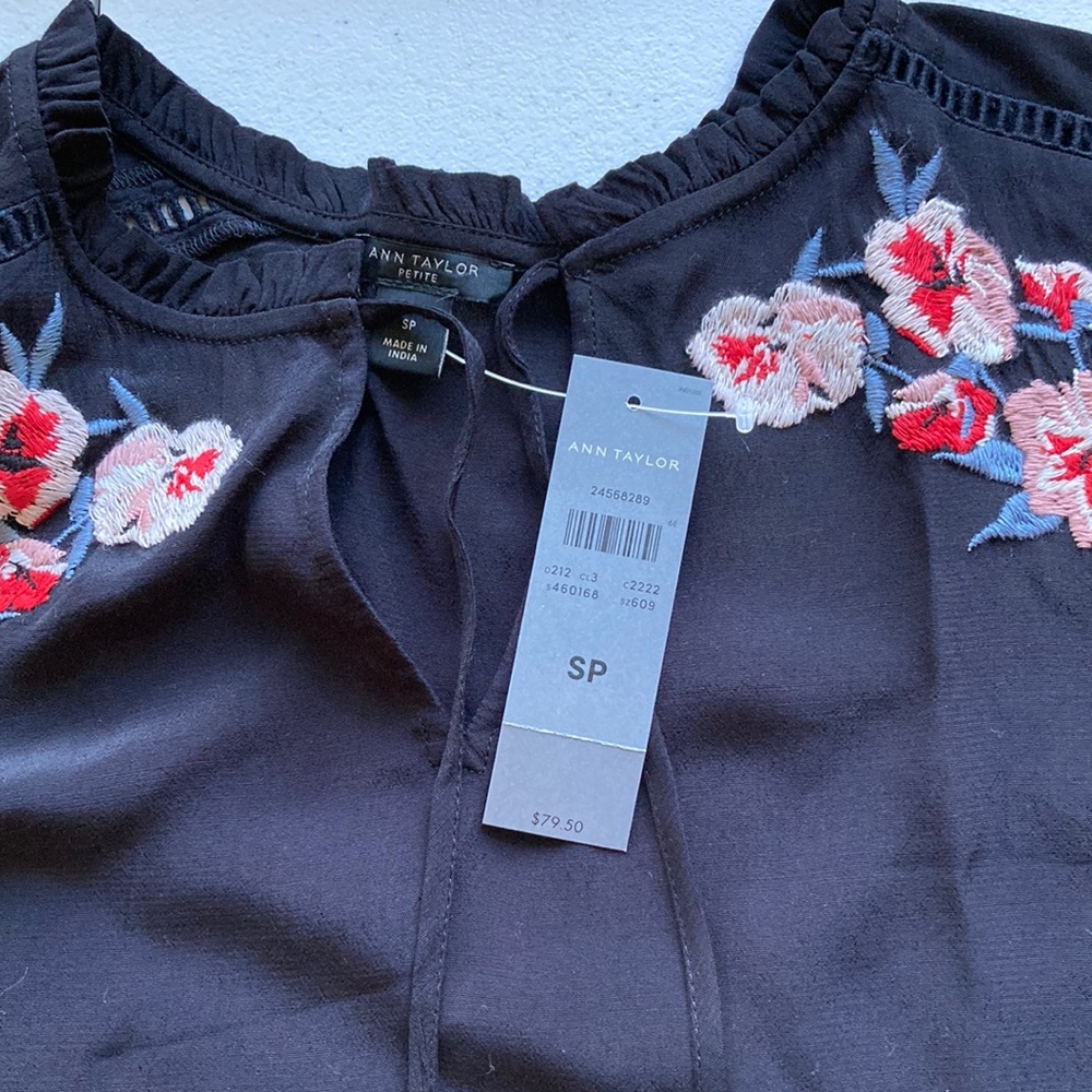 Ann Taylor Black Peasant Blouse with Embroidery